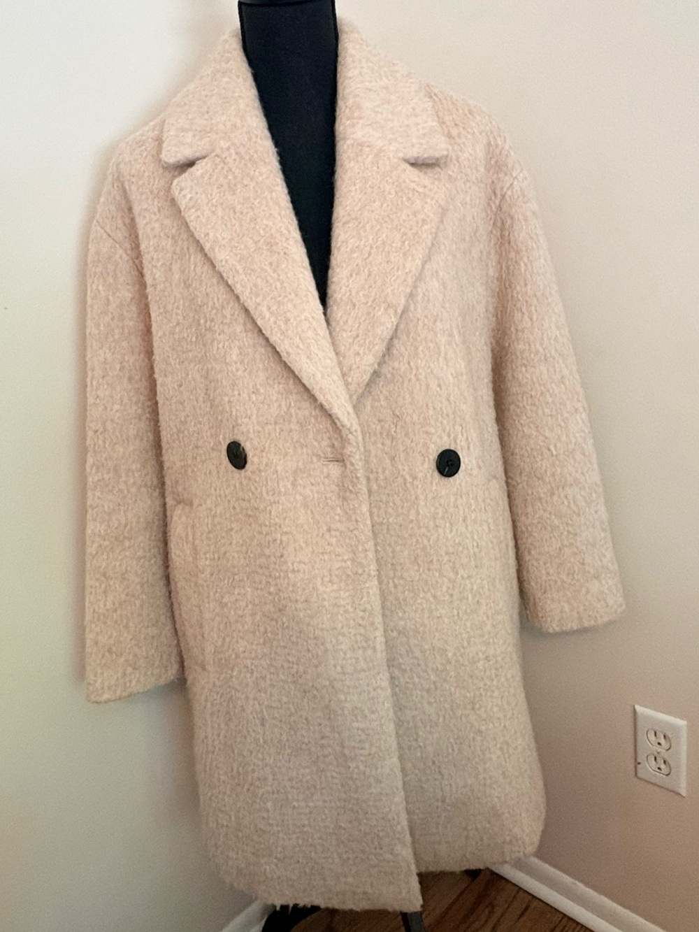 Zara Soft Cream Double-Breasted Textured Pea Coat
